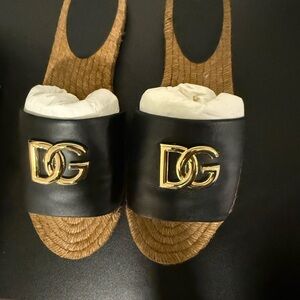 Dolce & Gabbana Black and Natural Espadrille Slide Sandals with Gold DG Logo